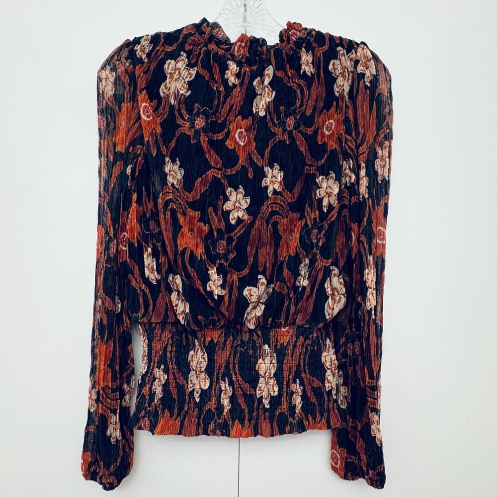 Joie Blouse Sheer Lined, High Collar, Long Sleeves, Black, Brown, Orange, Size S